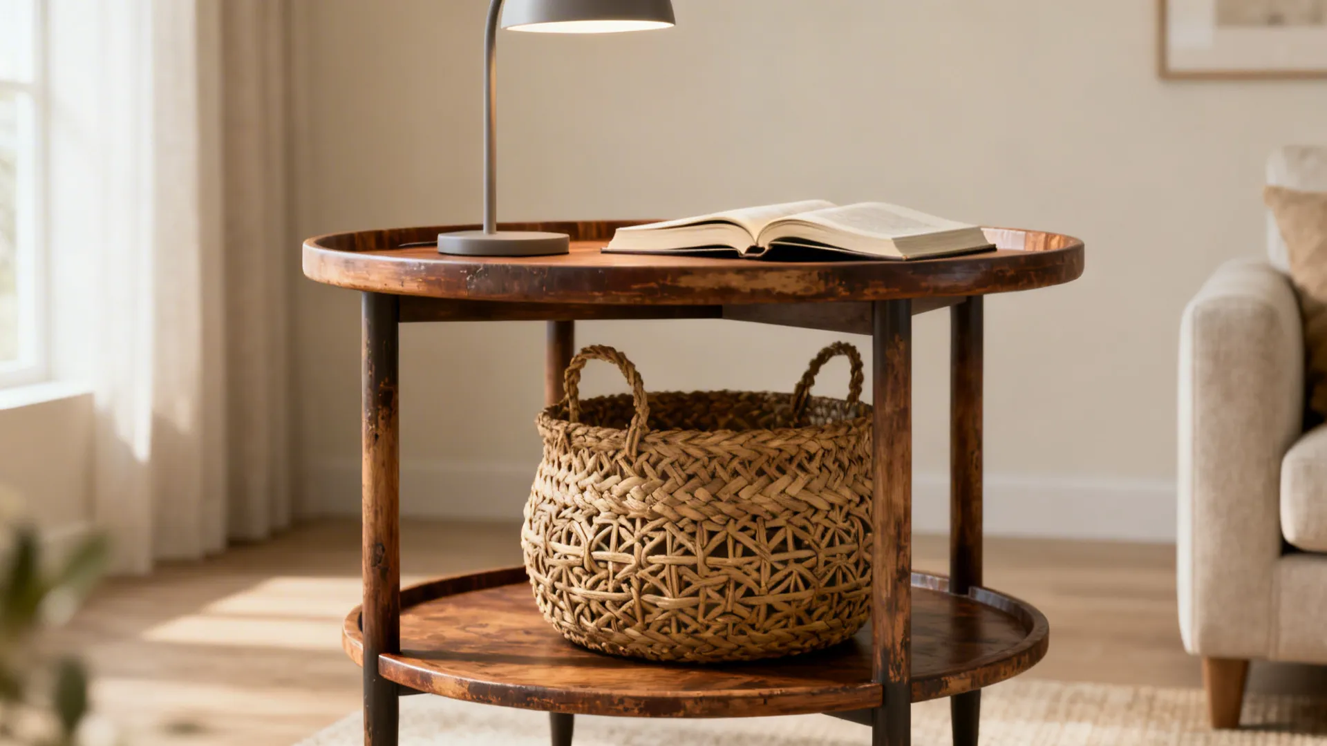 Multi-level round end table with a tray top and lower shelf holding a basket in a cozy living room.