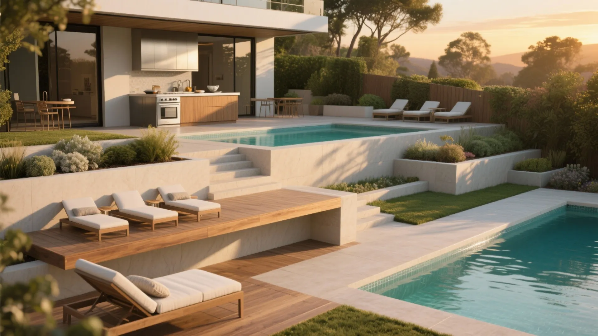 4. Multi-level terrace: sun shelf, lounge, and prep station