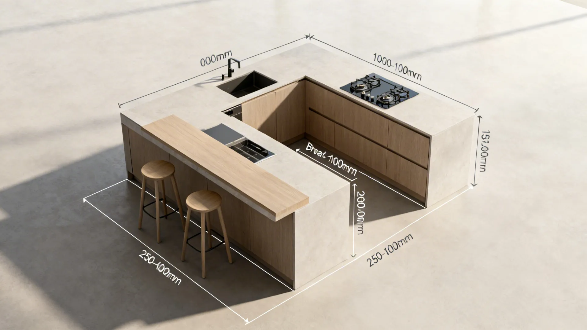Top view of U-shaped kitchen island with dimensions showing sink stove wooden stools and breakfast bar