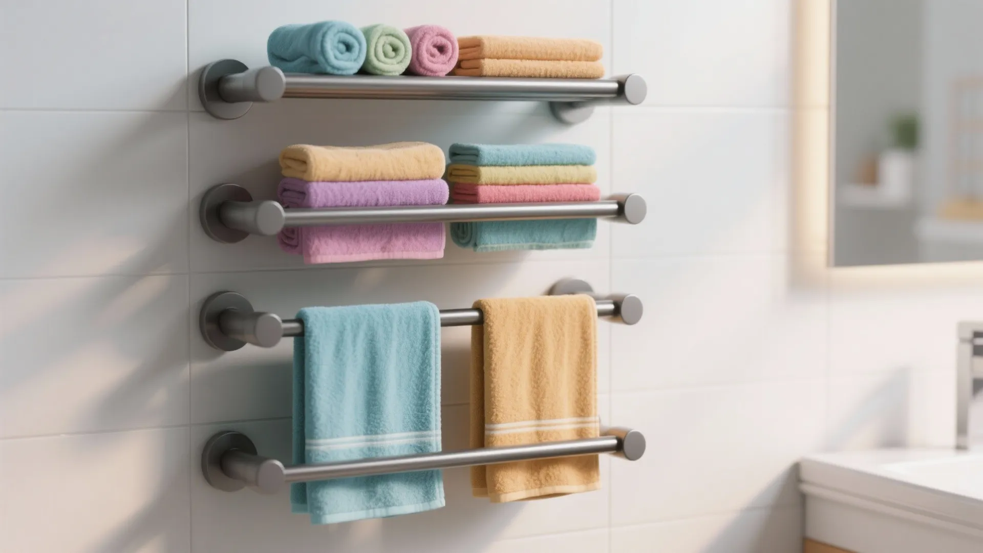 Four metal wall towel bars holding colorful folded and hanging towels in a modern bathroom