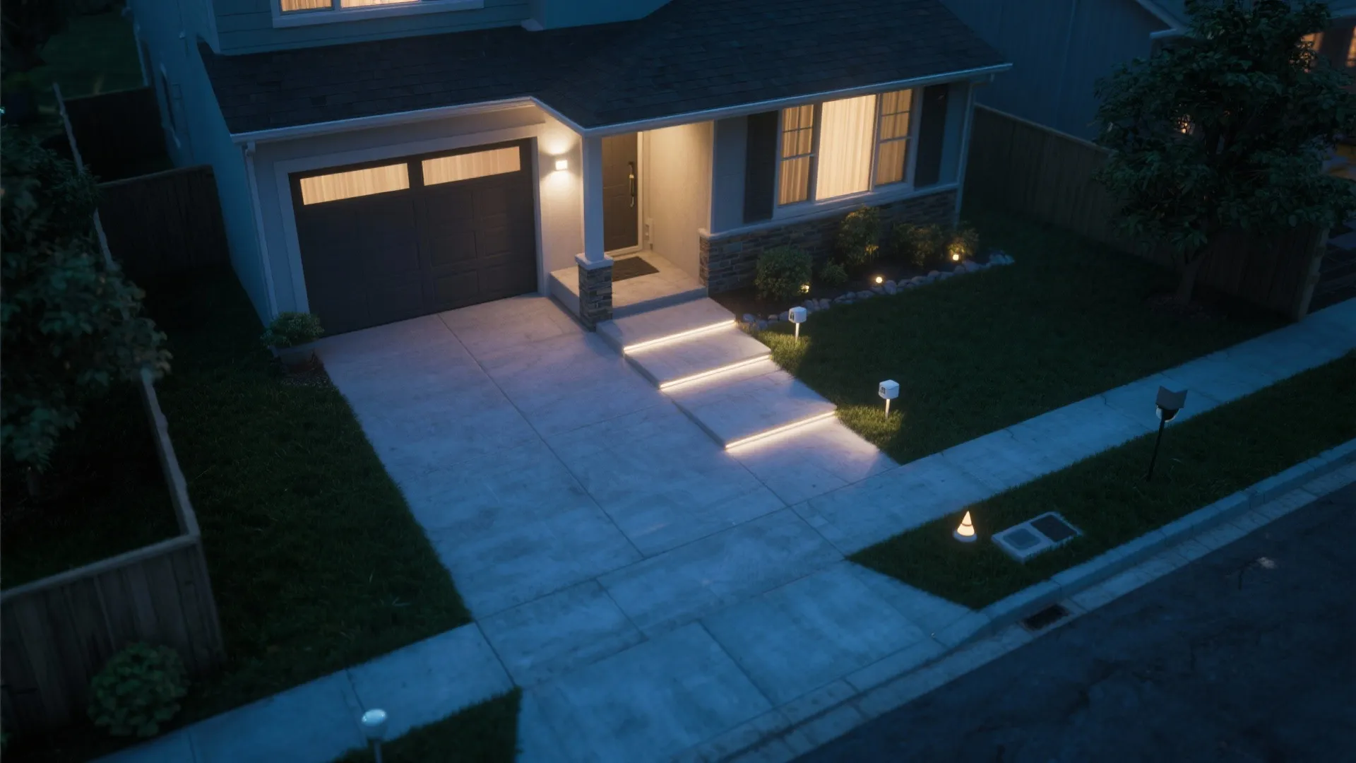 Aerial view of a house driveway and stairs with glowing LED strips and garden lights