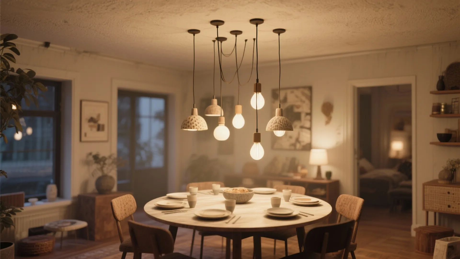 Round dining table with short-drop multi pendant lights