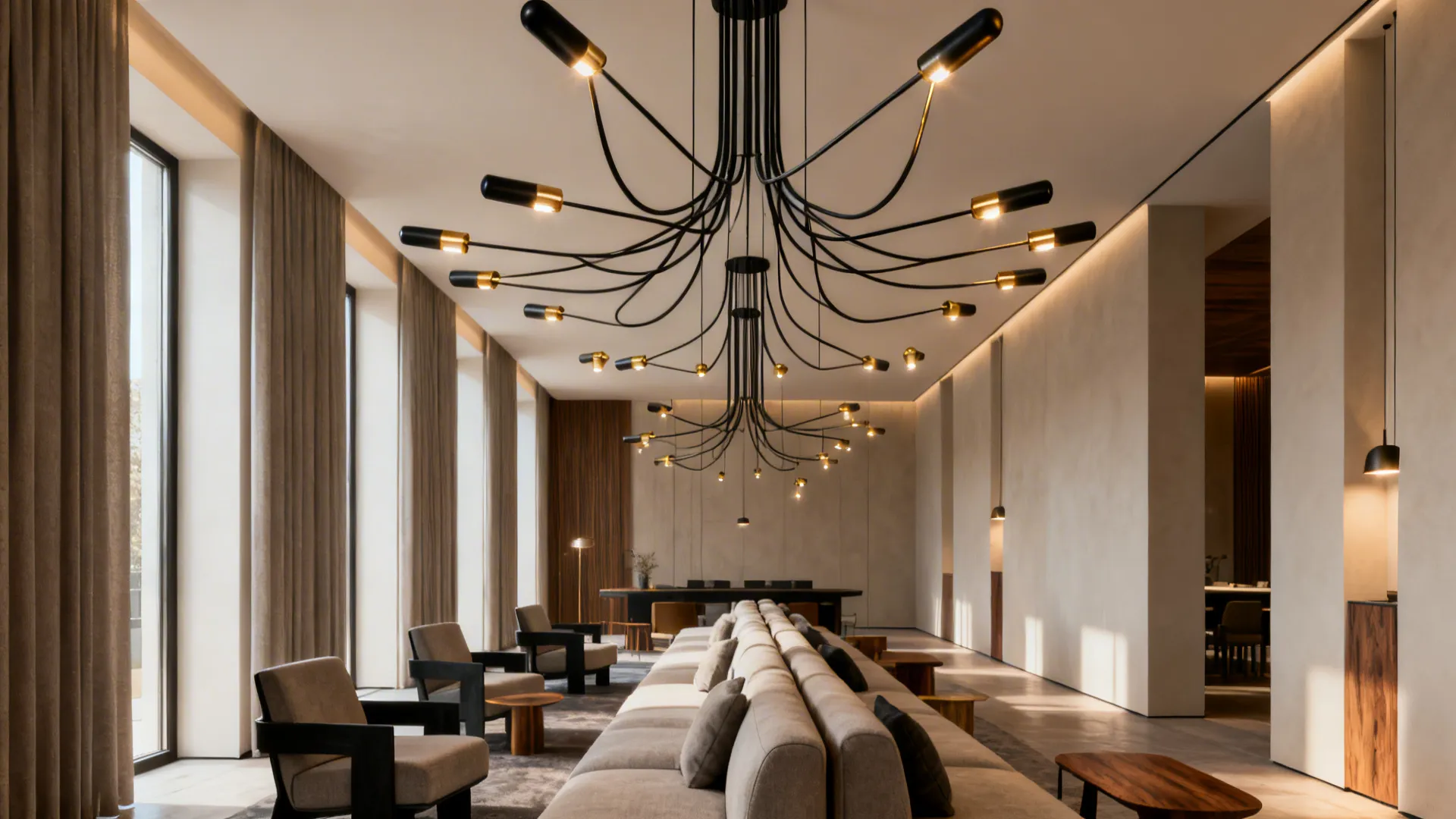 Narrow living room with a multi-light pendant cluster creating movement and visual rhythm.