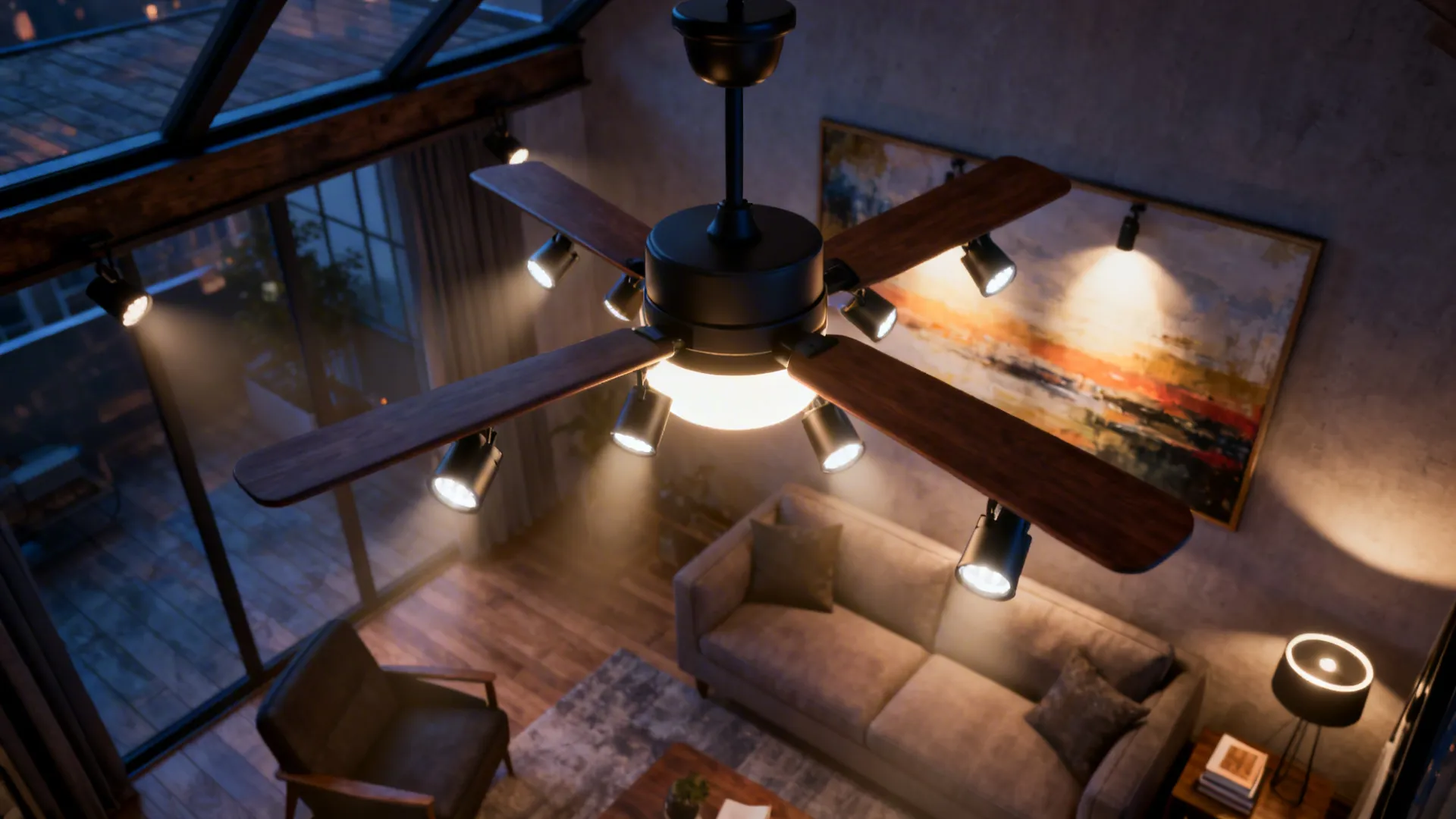 Modern ceiling fan with lights above a living room featuring sofa rug and wall painting