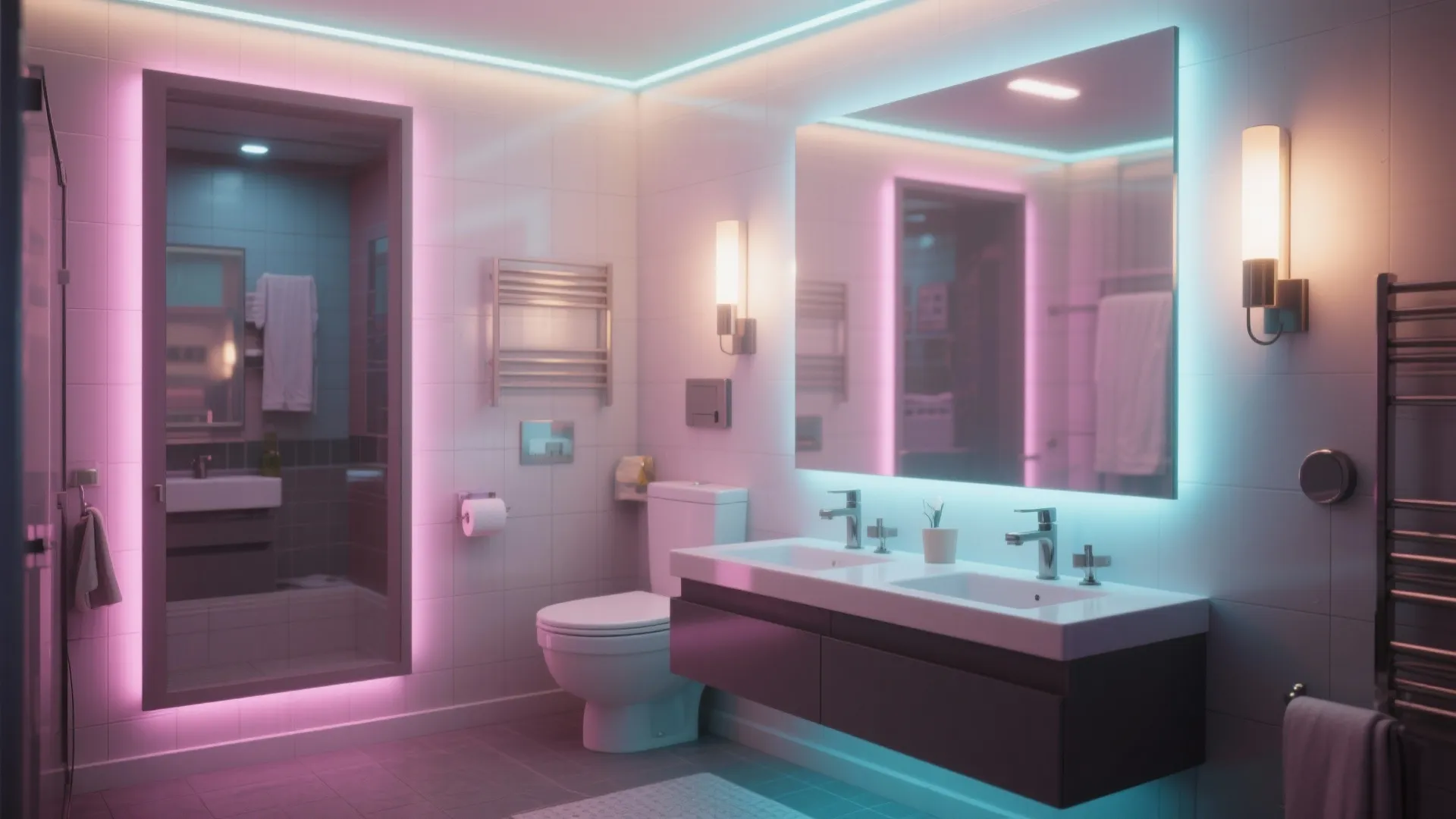 Modern bathroom with pink and blue light strips large mirror black cabinet and white toilet