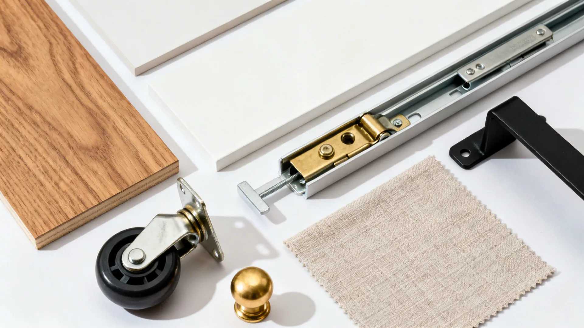 Flatlay of oak veneer, white laminate, slides, hinges, casters, and textile swatches.