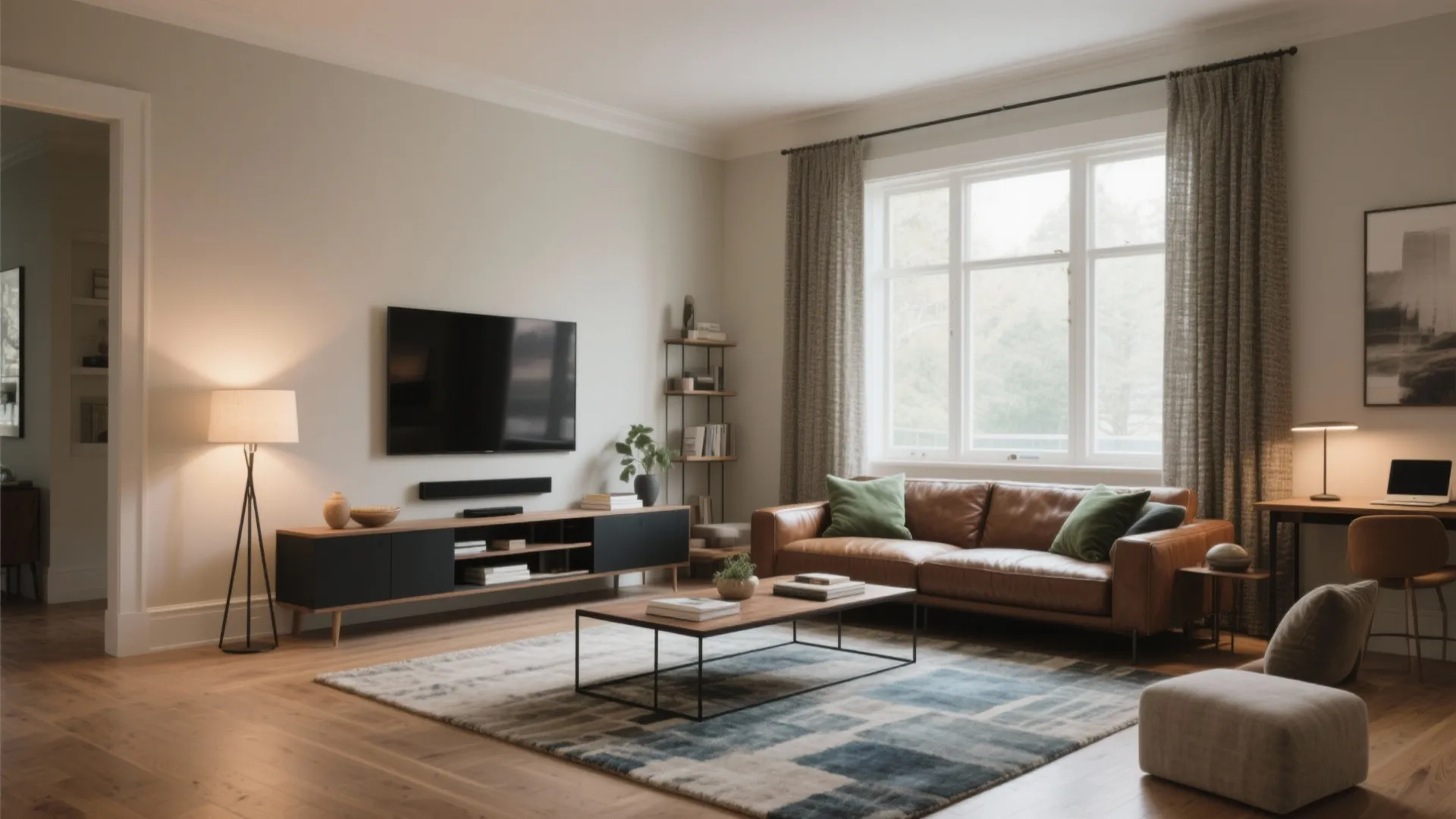 Modern living room with brown leather sofa coffee table television wall light and large windows