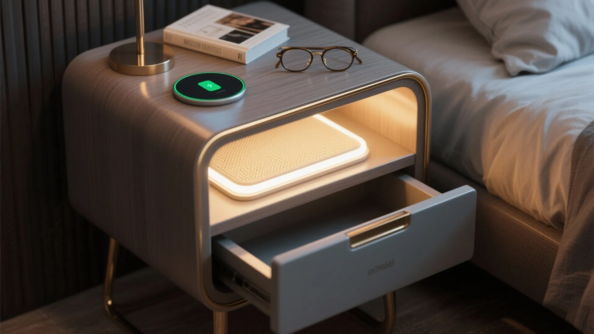 Modern grey nightstand with wireless charging pad glasses book and open drawer with warm light