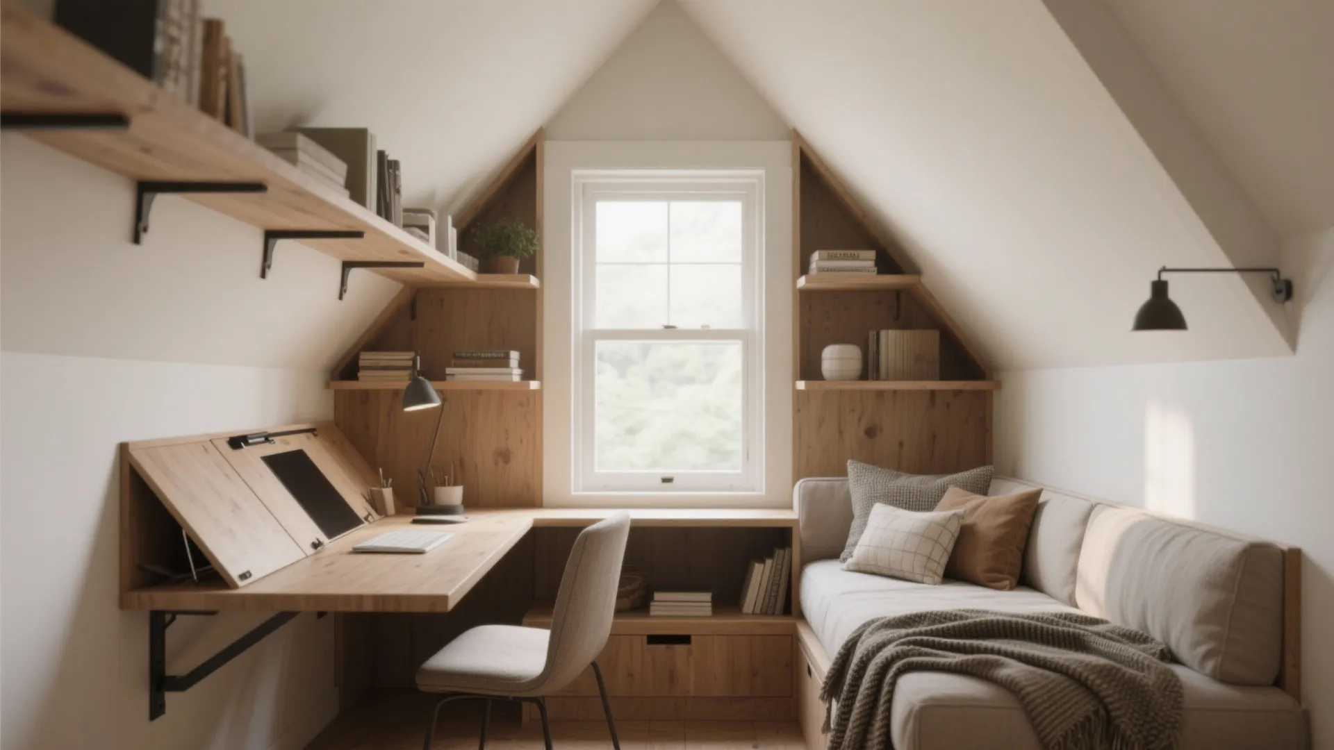 Small home office with wooden desk and wall shelves next to a cozy grey sofa