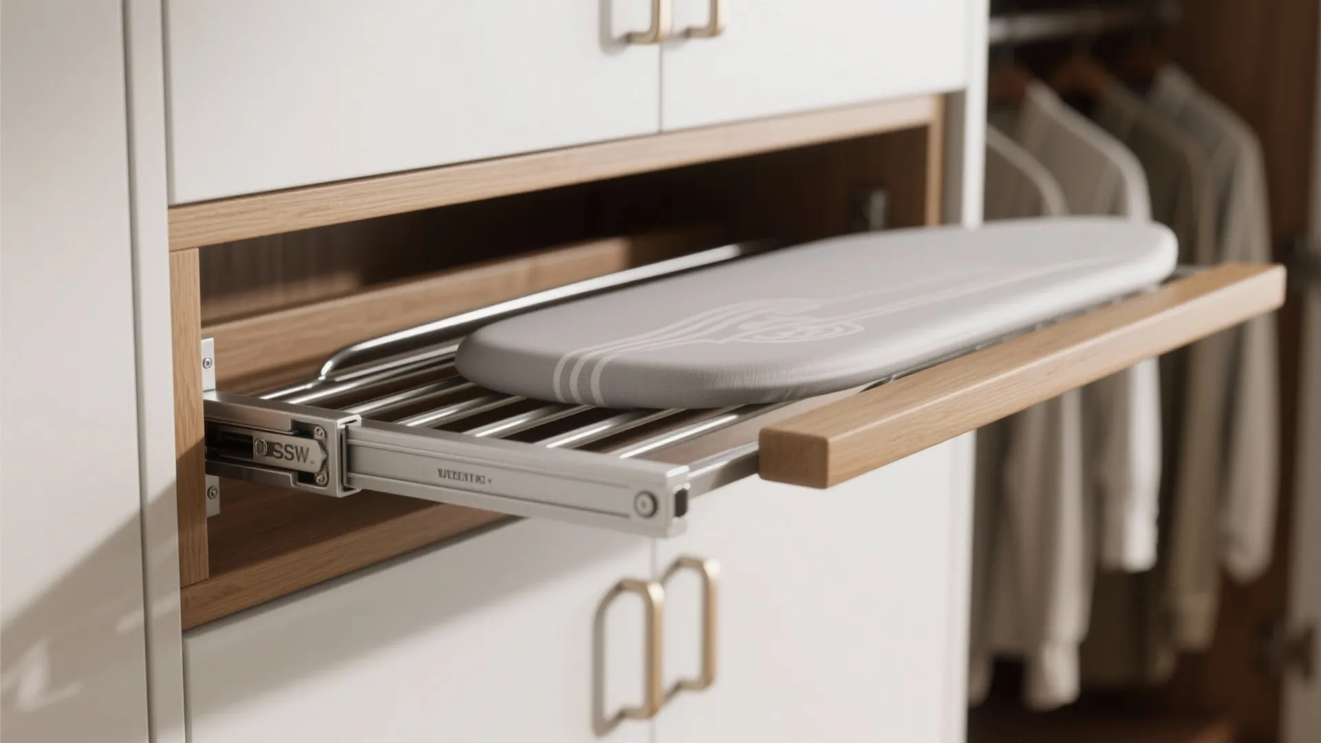 Space saving pull out ironing board integrated into a white cabinet inside a modern closet
