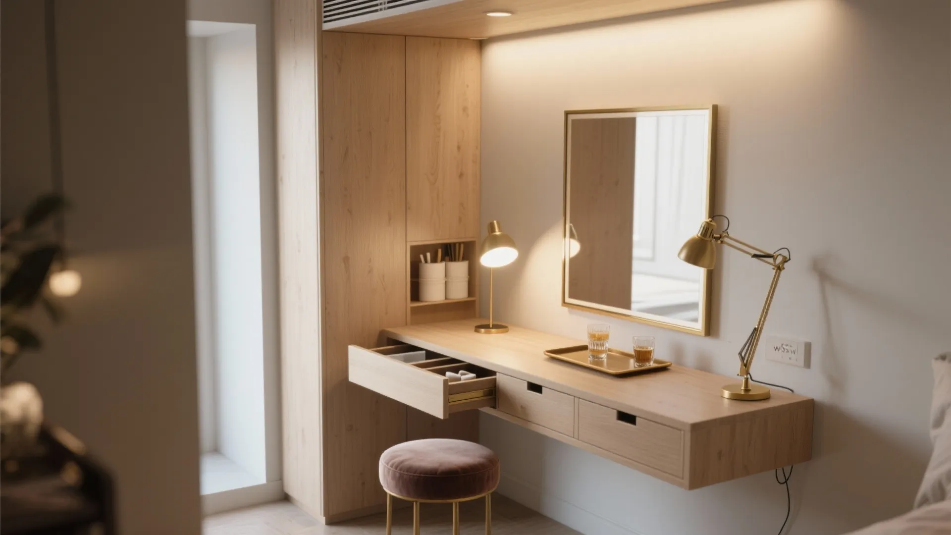 Modern wooden dressing table with mirror gold desk lamp open drawer and a small footrest
