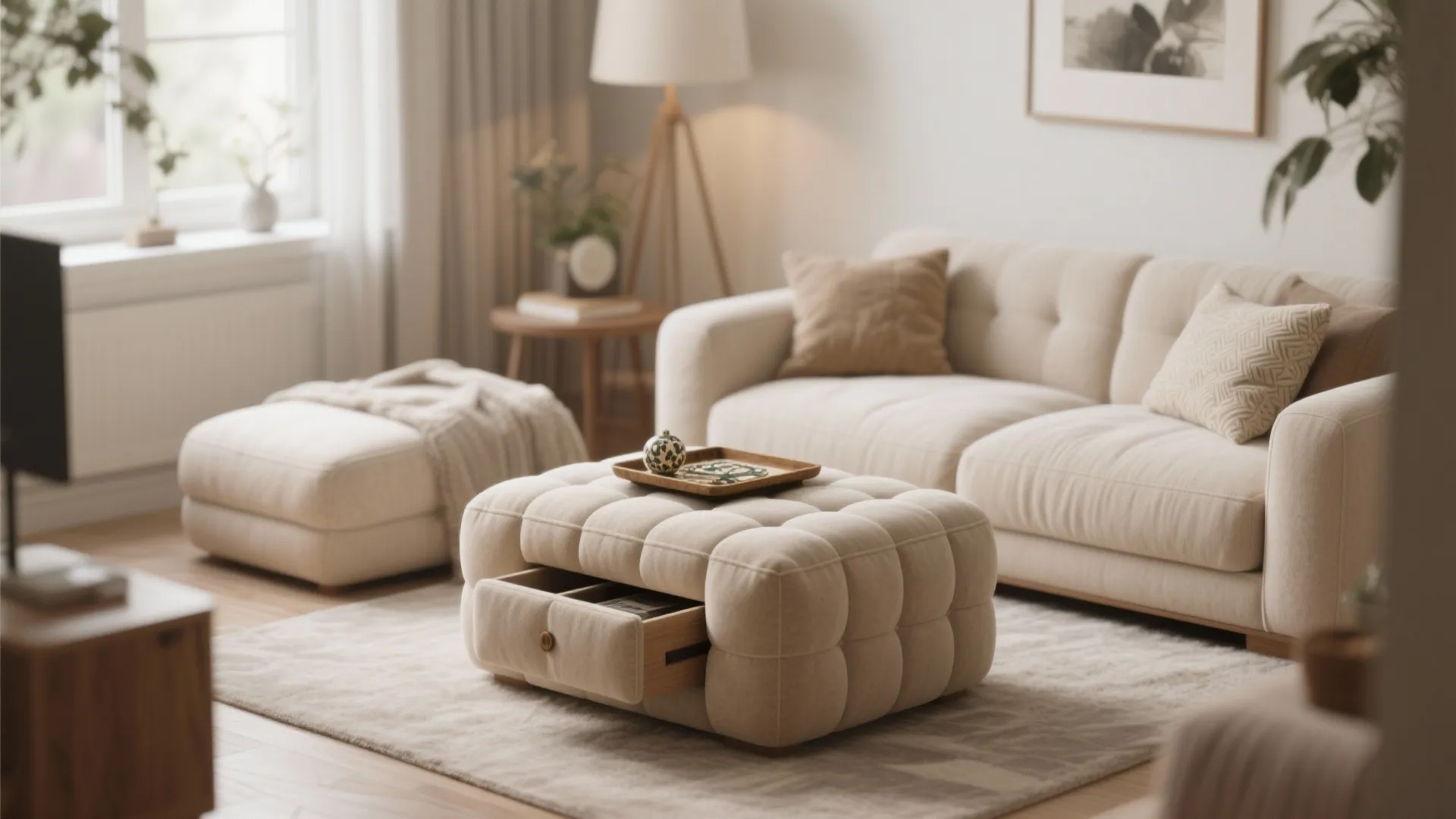 8. Multi-purpose ottoman as coffee table