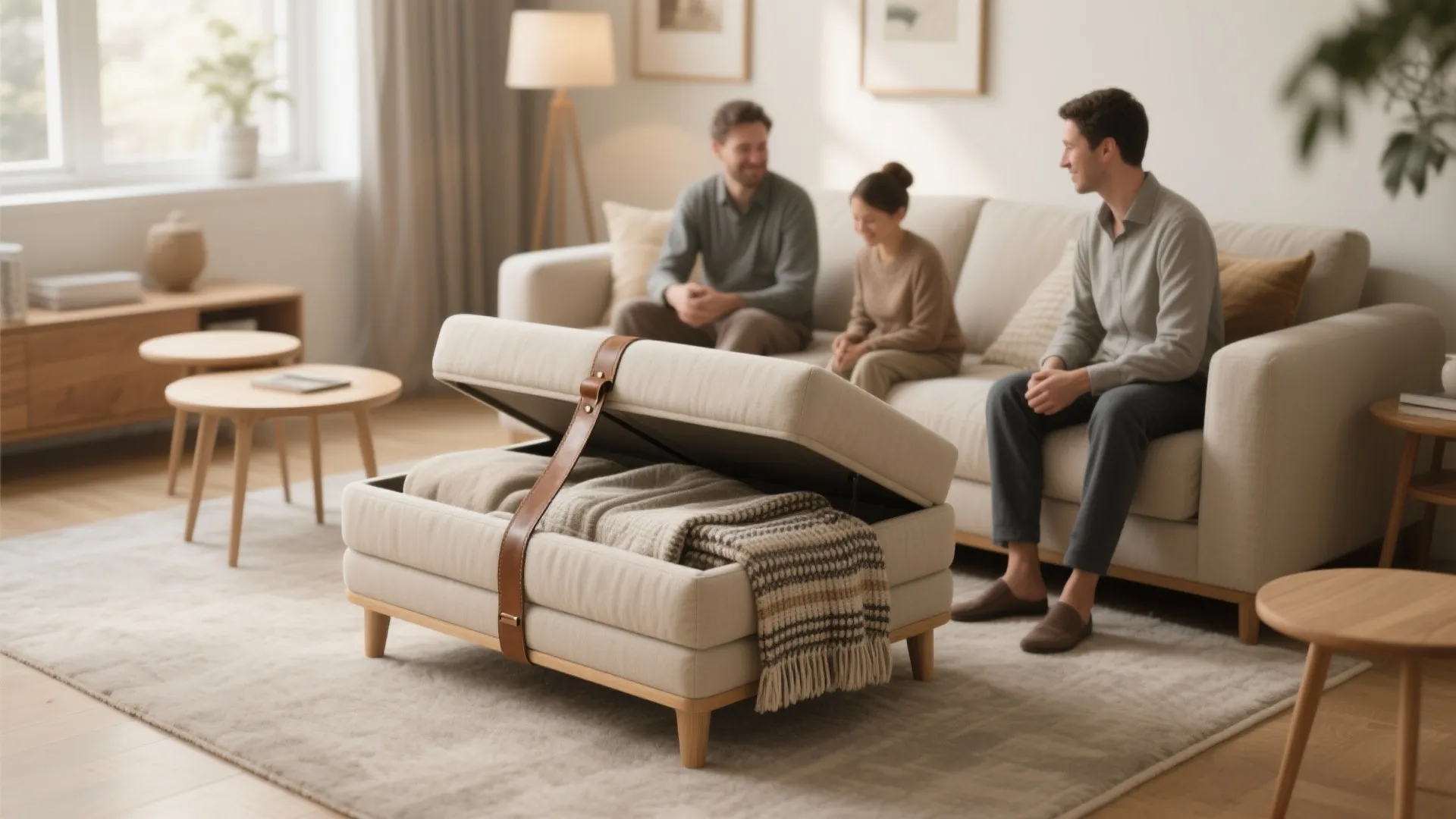 Opening a storage footrest to show blankets inside with family sitting on sofa in background