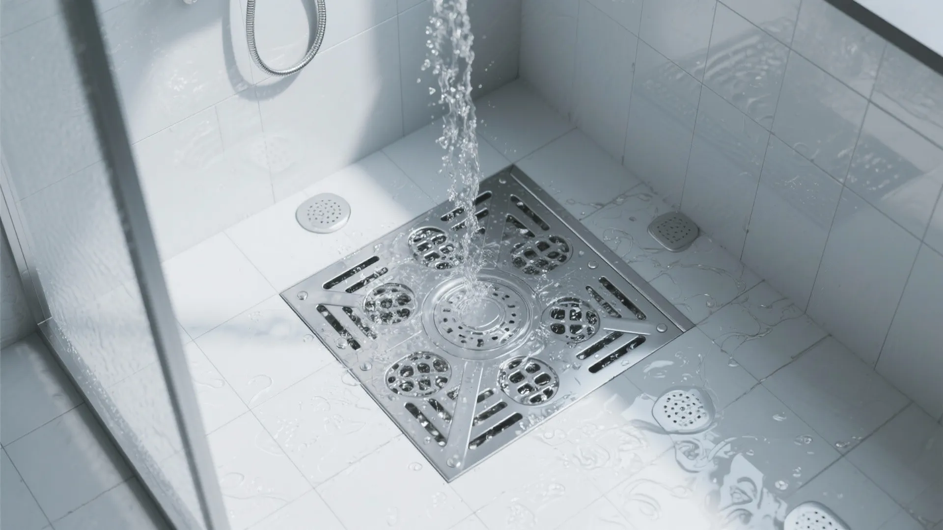 Close up view of water flowing into a large square metal floor drain in shower