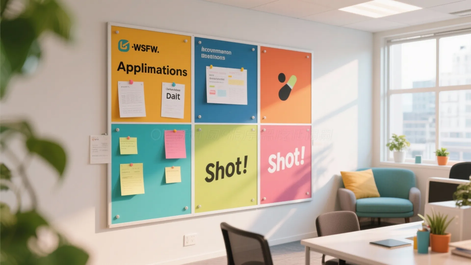 Multi-panel bulletin board with organized sections