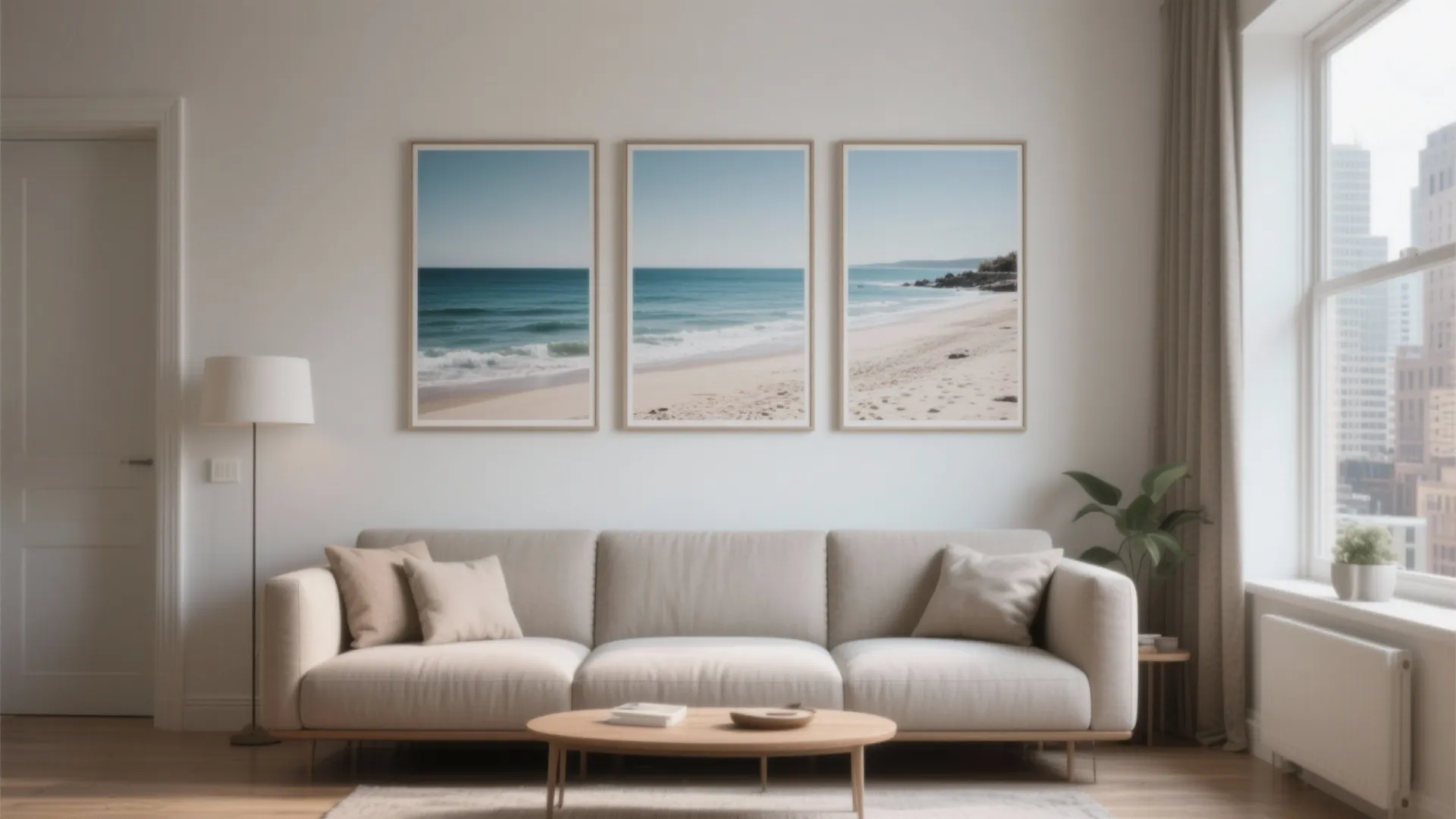 Three-panel coastal panoramic print above a narrow sofa, creating a sweeping visual effect.