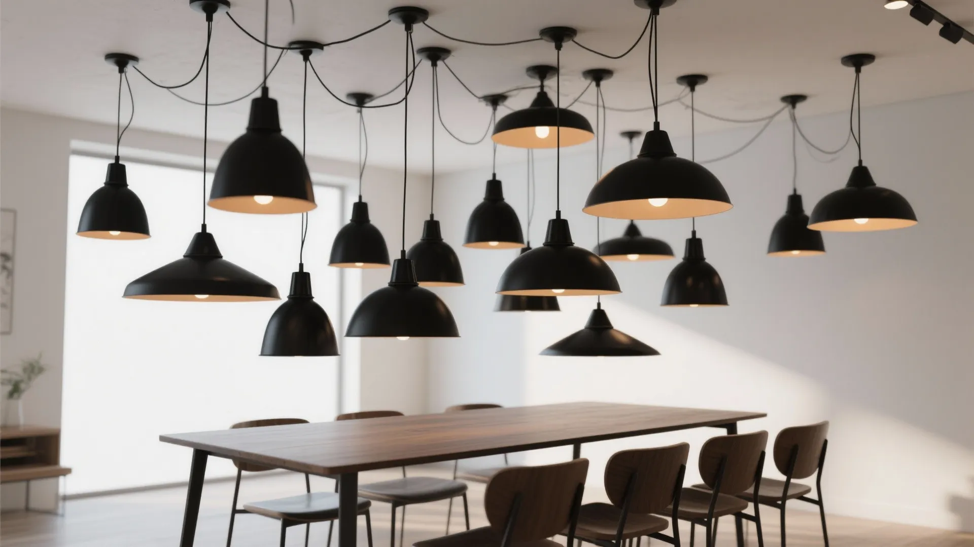 Large group of black hanging ceiling lights over a long wooden table in bright room