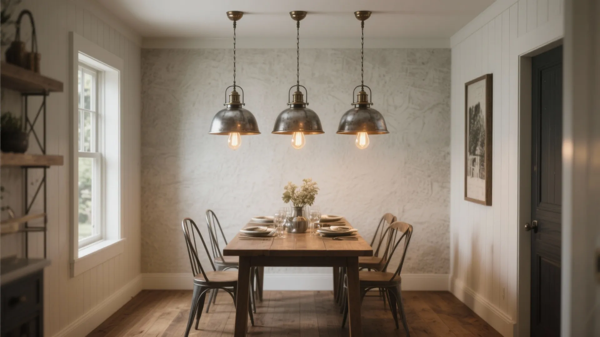 Three staggered metal pendant lights over a narrow farmhouse table, mixed finishes and warm bulbs elongating the space.