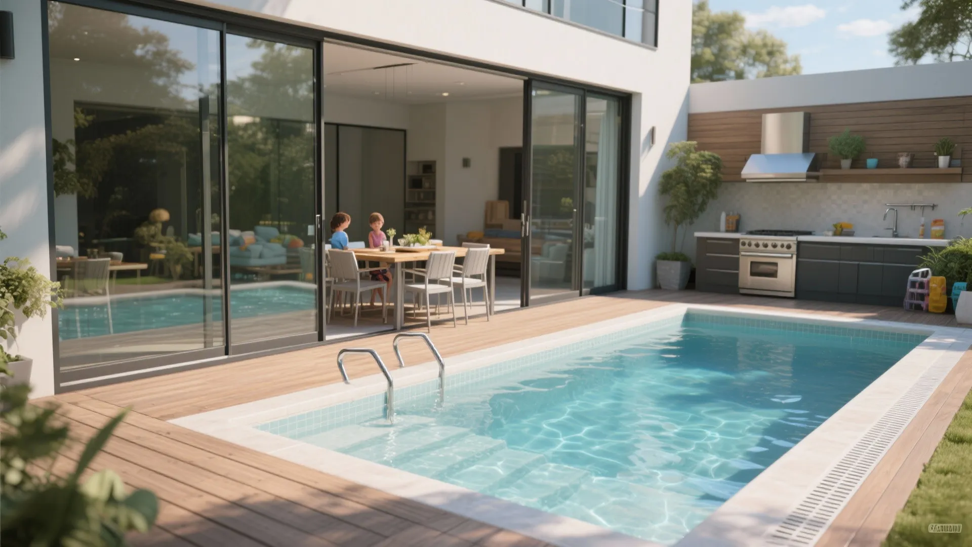 Luxury house with swimming pool outdoor kitchen dining area large sliding glass doors and wooden deck