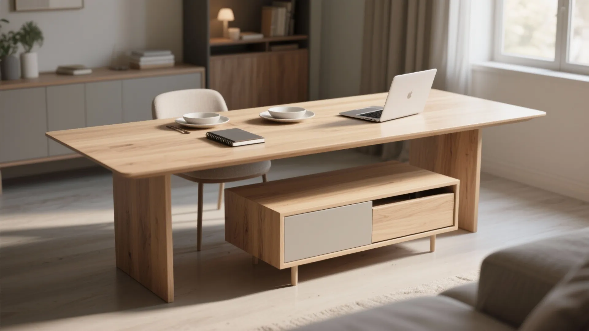 Wooden table used as a desk with laptop and notebook in a modern living room