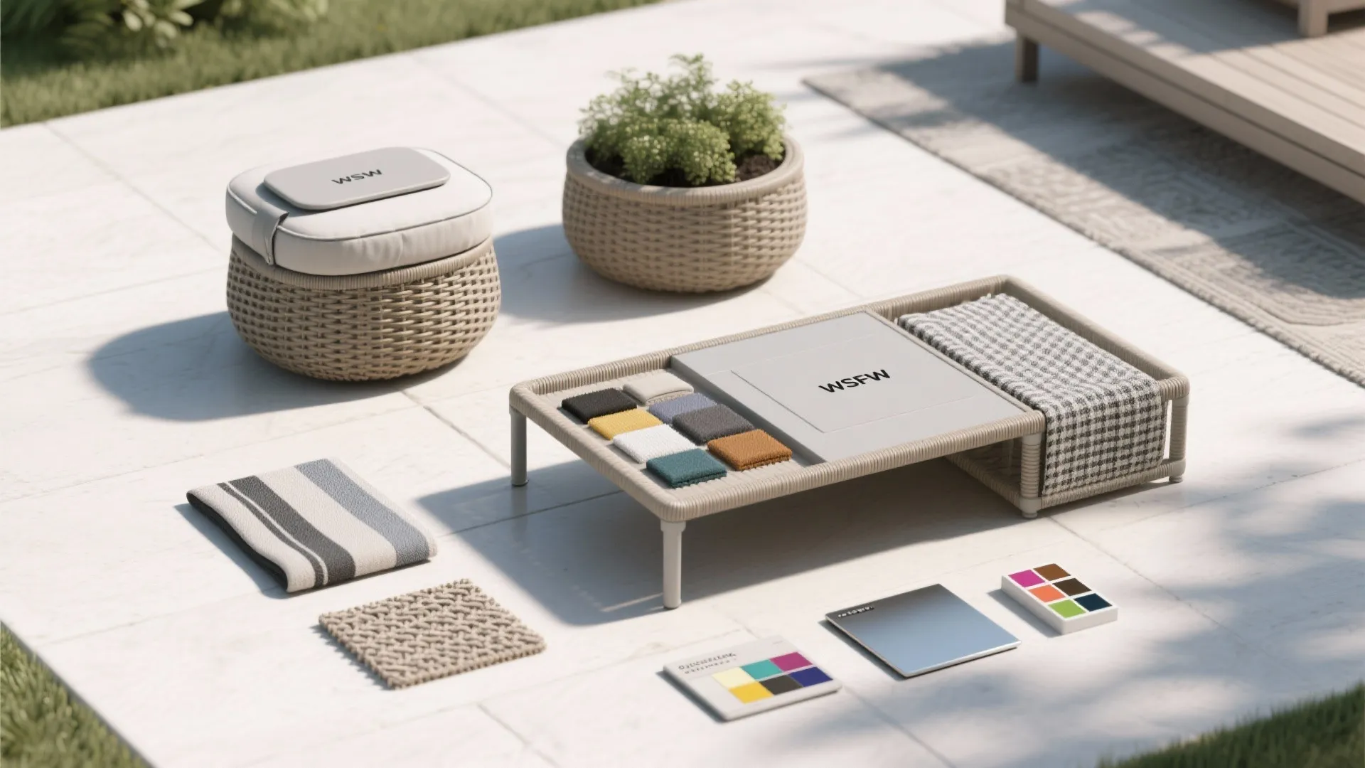 Outdoor furniture design materials with fabric samples and color palettes on a white stone floor