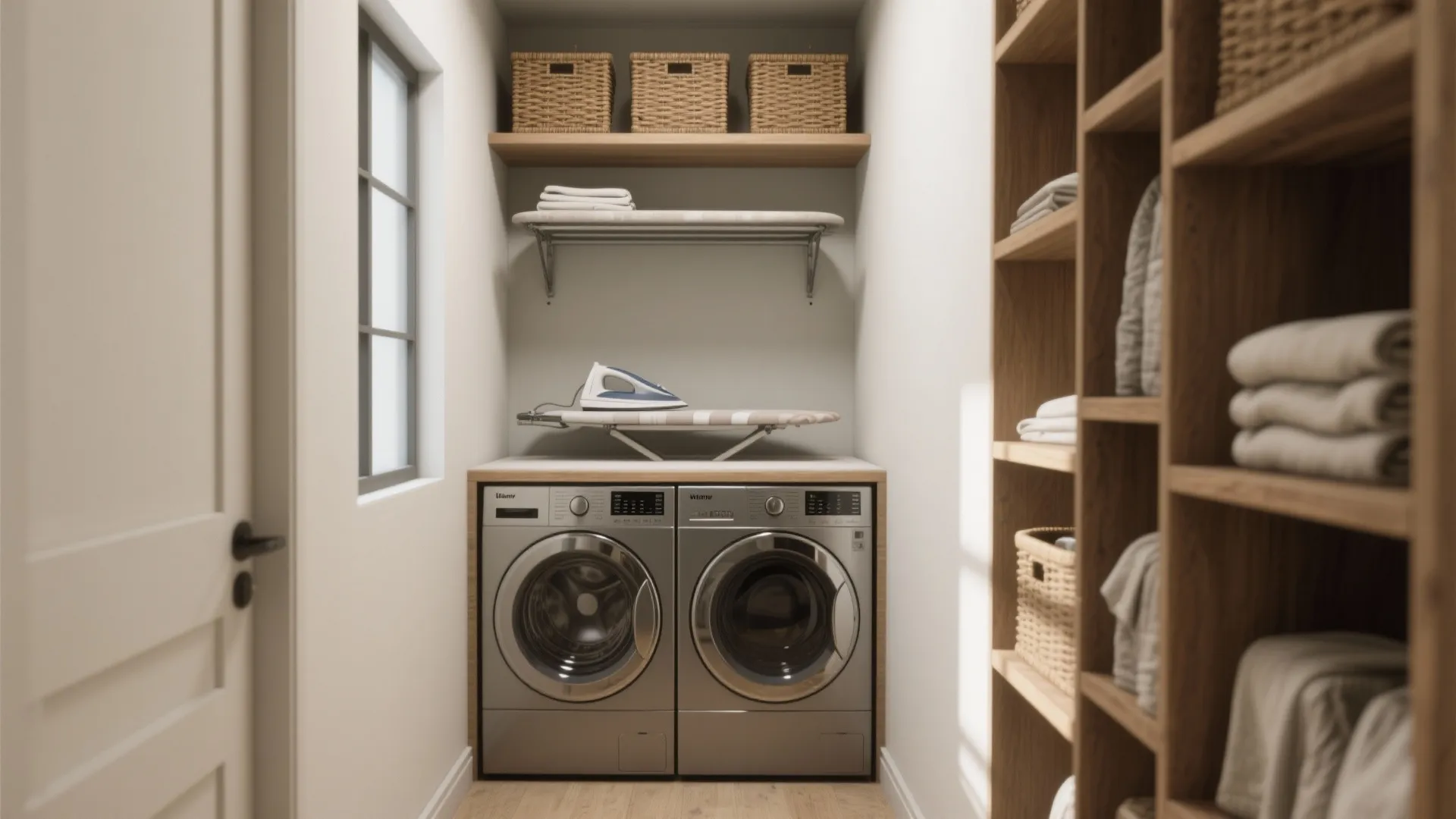 Small laundry room alcove with silver washing machines, iron, ironing board, wooden shelves, and baskets
