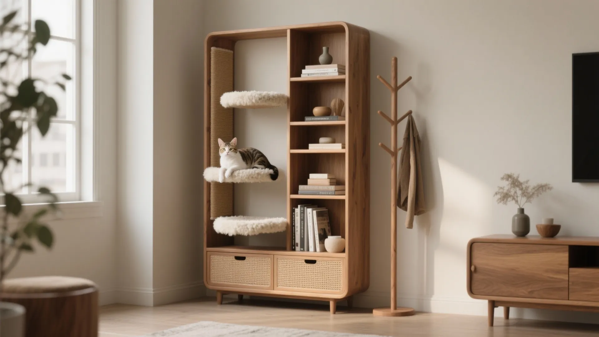 Wooden cabinet featuring cat climbing shelves and storage space in a modern bright living room