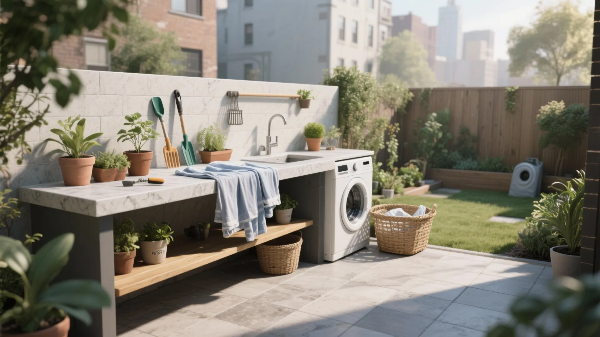 Outdoor stone countertop featuring a sink washing machine potted plants and garden tools in back yard
