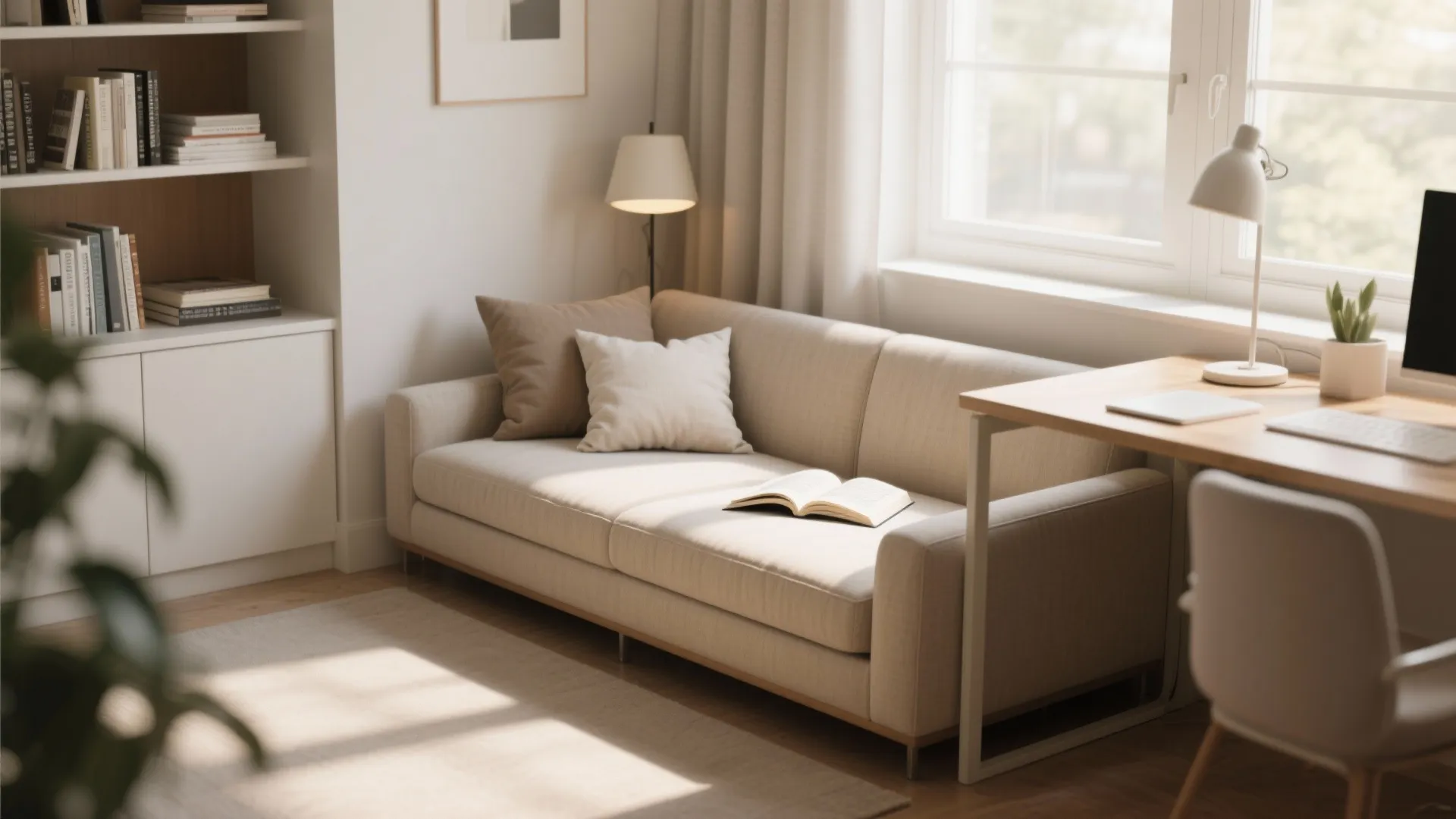 Beige sofa with pillows and open book next to wooden desk in a bright room