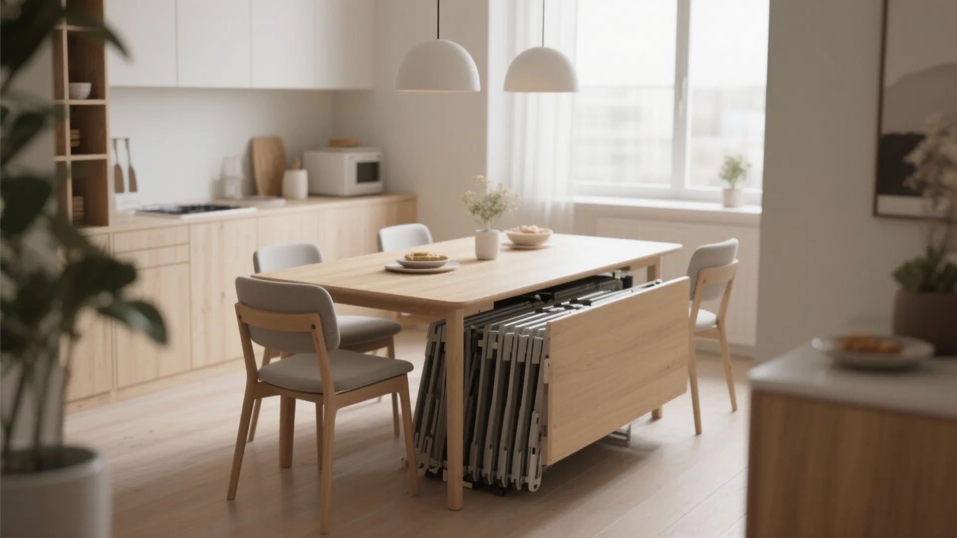 Wooden dining table with chairs and storage for folding furniture in a bright modern kitchen