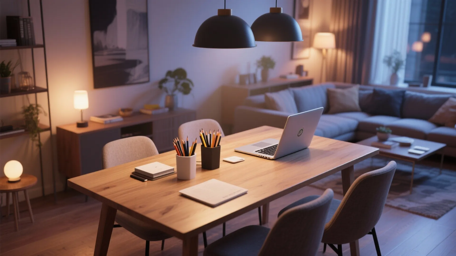 Modern wooden dining table used as workspace with laptop pencils ceiling lights and grey sofa