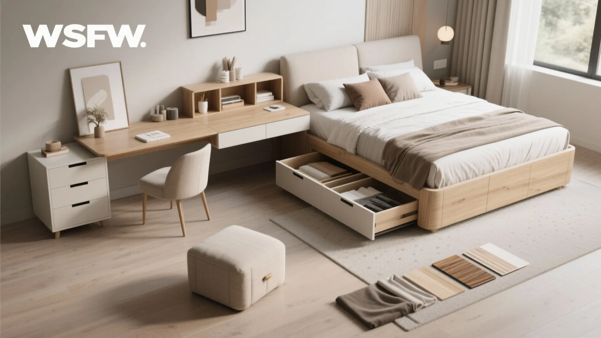 Functional bedroom with storage bed, wooden desk, chair, small footrest, and material samples on floor