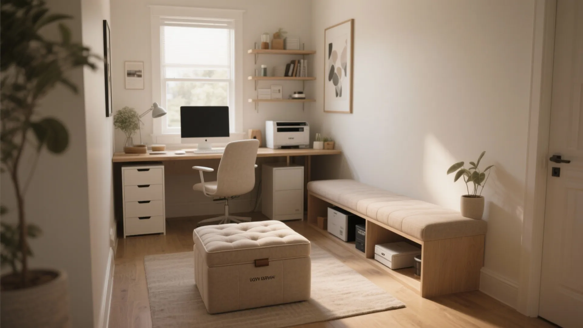 Compact home office with storage ottoman and multifunctional bench