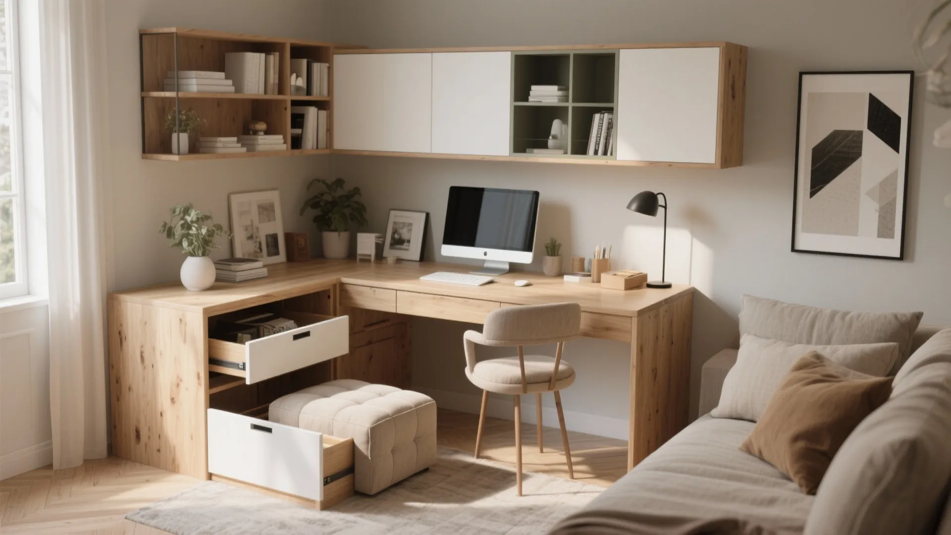L shaped wooden desk with open drawers white wall cabinets fabric footrest and a cozy sofa
