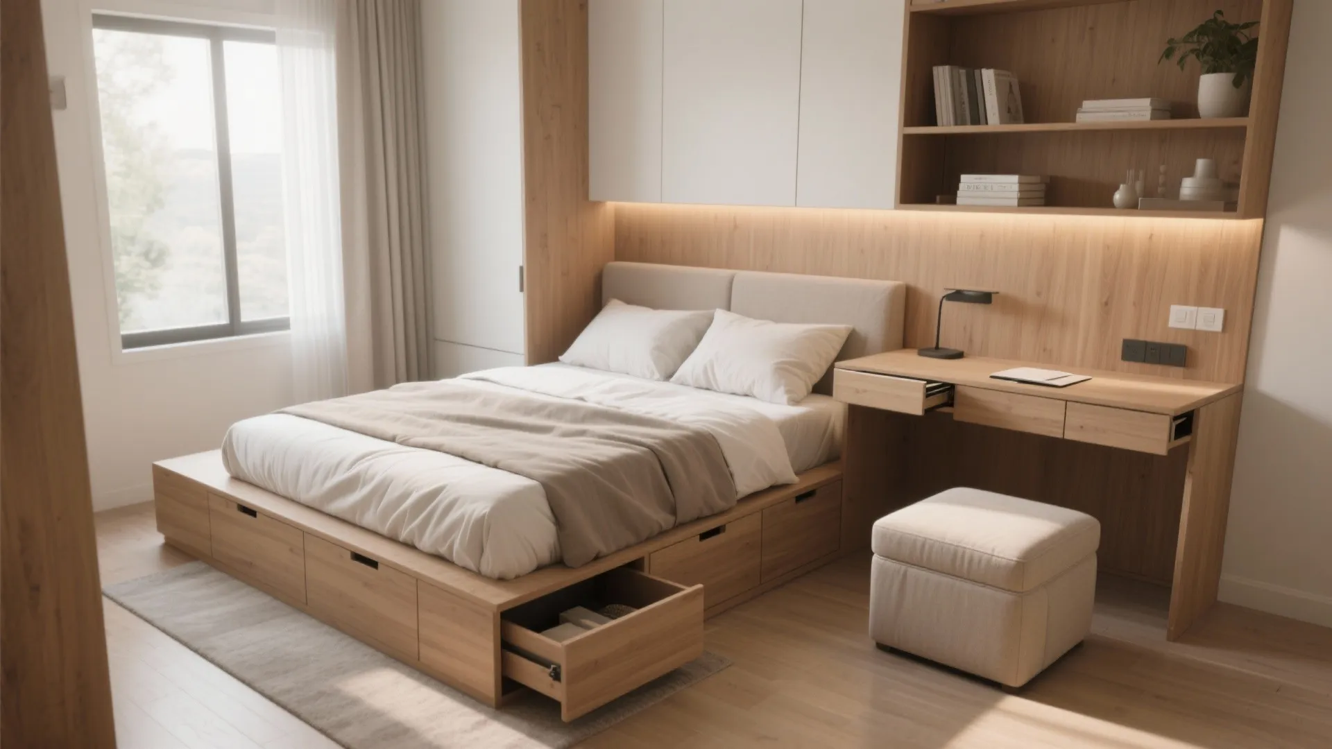 Small bedroom with bed drawers, fold-out desk, and ottoman storage
