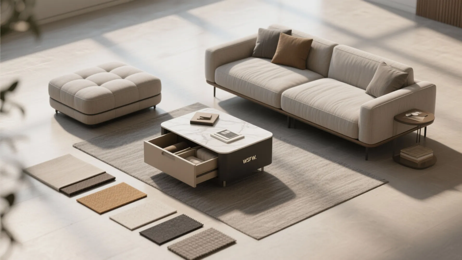 Neutral living room furniture set with beige sofa footrest marble coffee table and fabric material samples