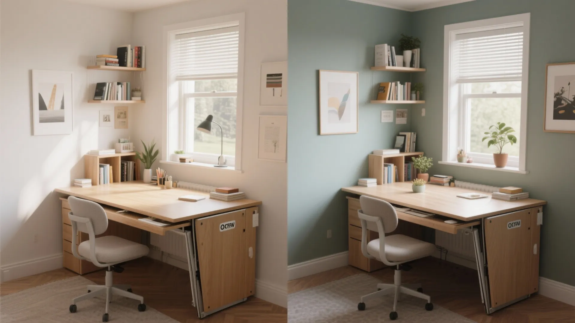 Fold-out desk serving as both study and dining table in a small room