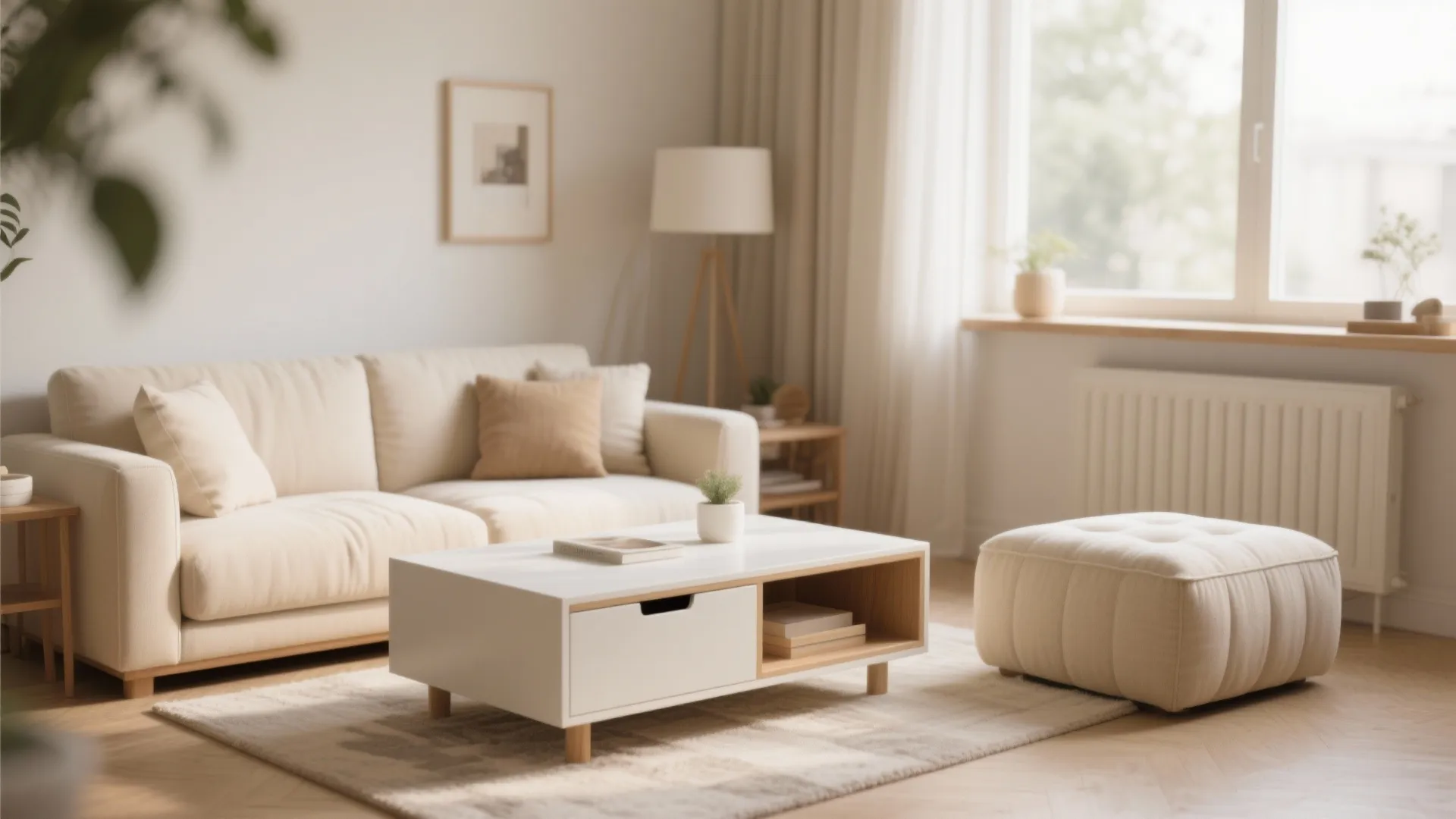 Modern living room with cream sofa white coffee table square footrest wooden floor and natural light
