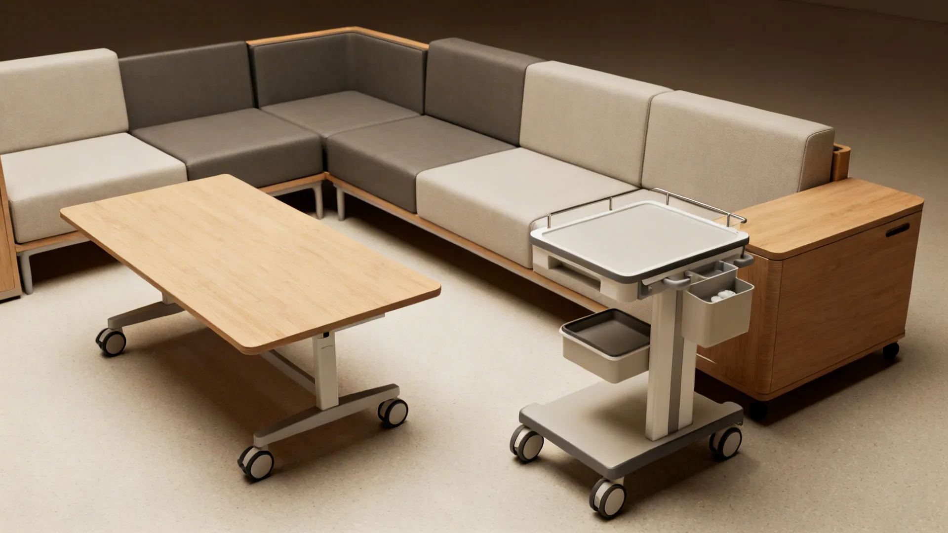 Modular sofa with removable sections and a coffee table on wheels serving as a caregiver workstation.