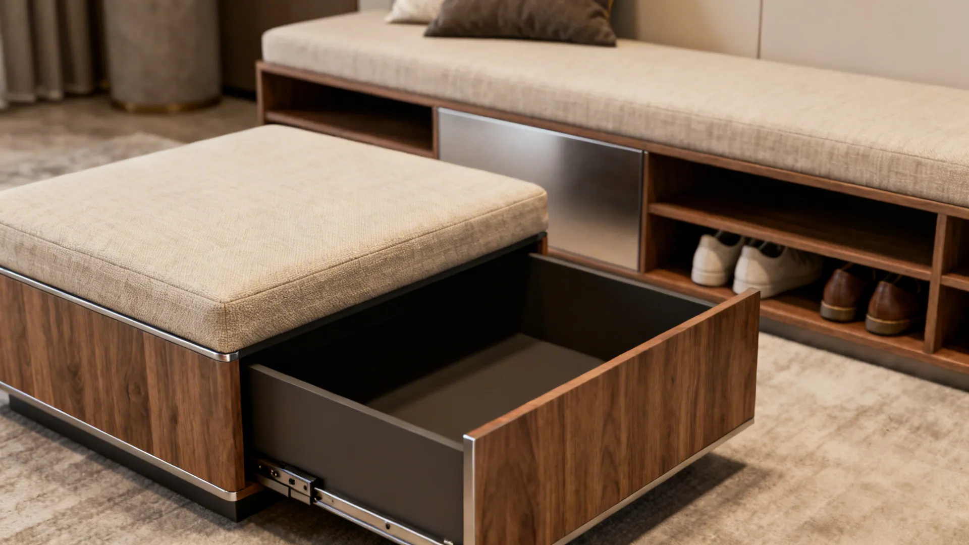 Multi-purpose furniture: storage ottoman, convertible coffee table, and bench with shoe storage.