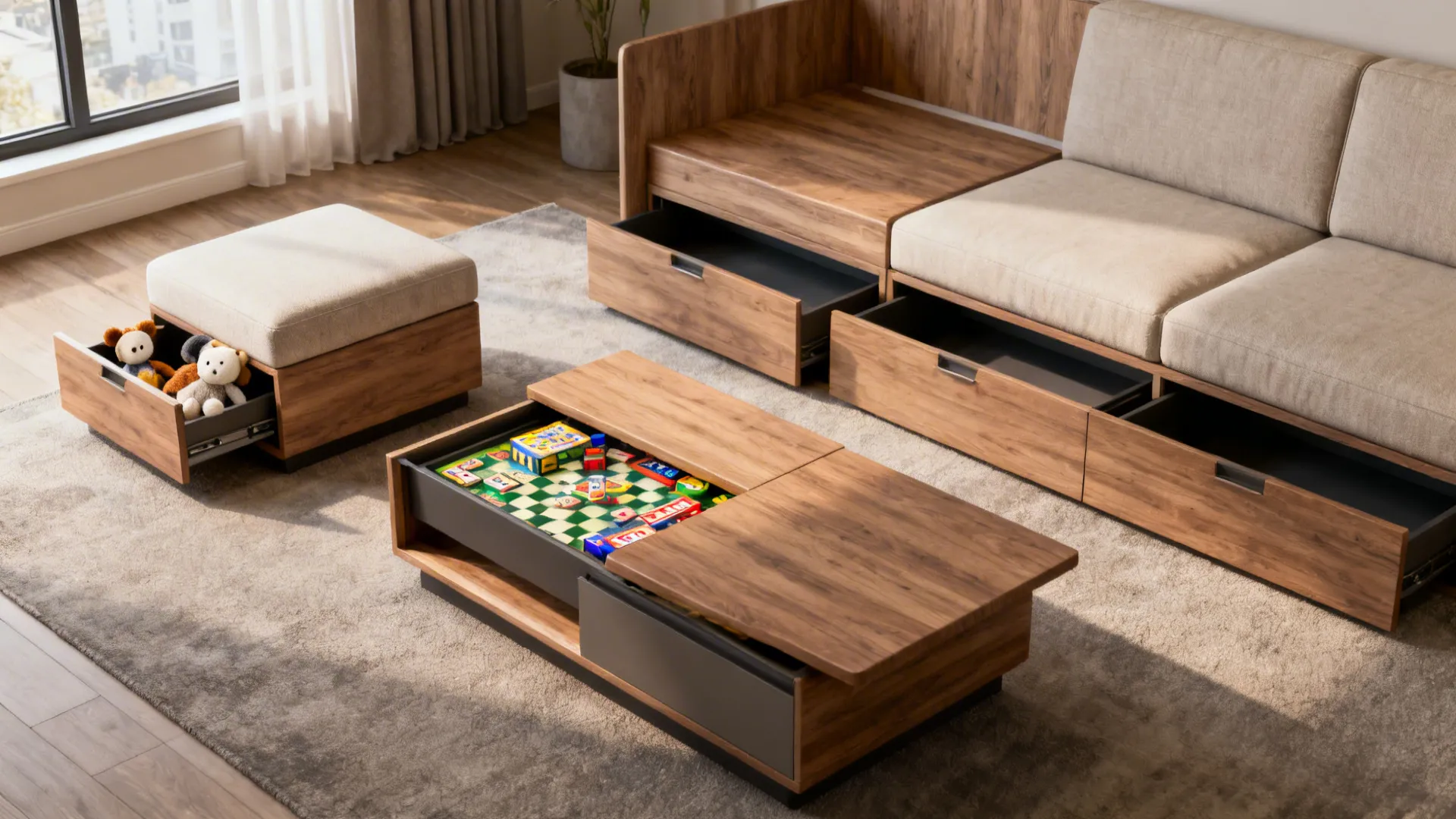 Small living space with coffee table lift top, ottoman storage, and sleeper-sofa drawers storing toys.