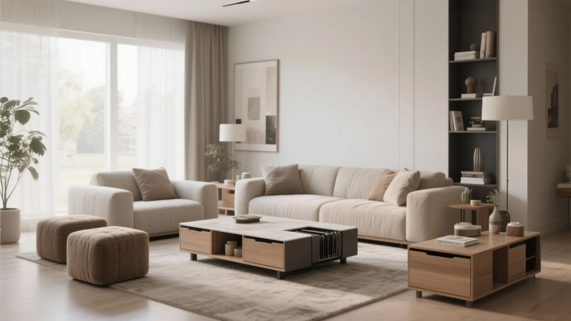 Spacious living room with cream sofa wood coffee table two footrests and black wall shelves
