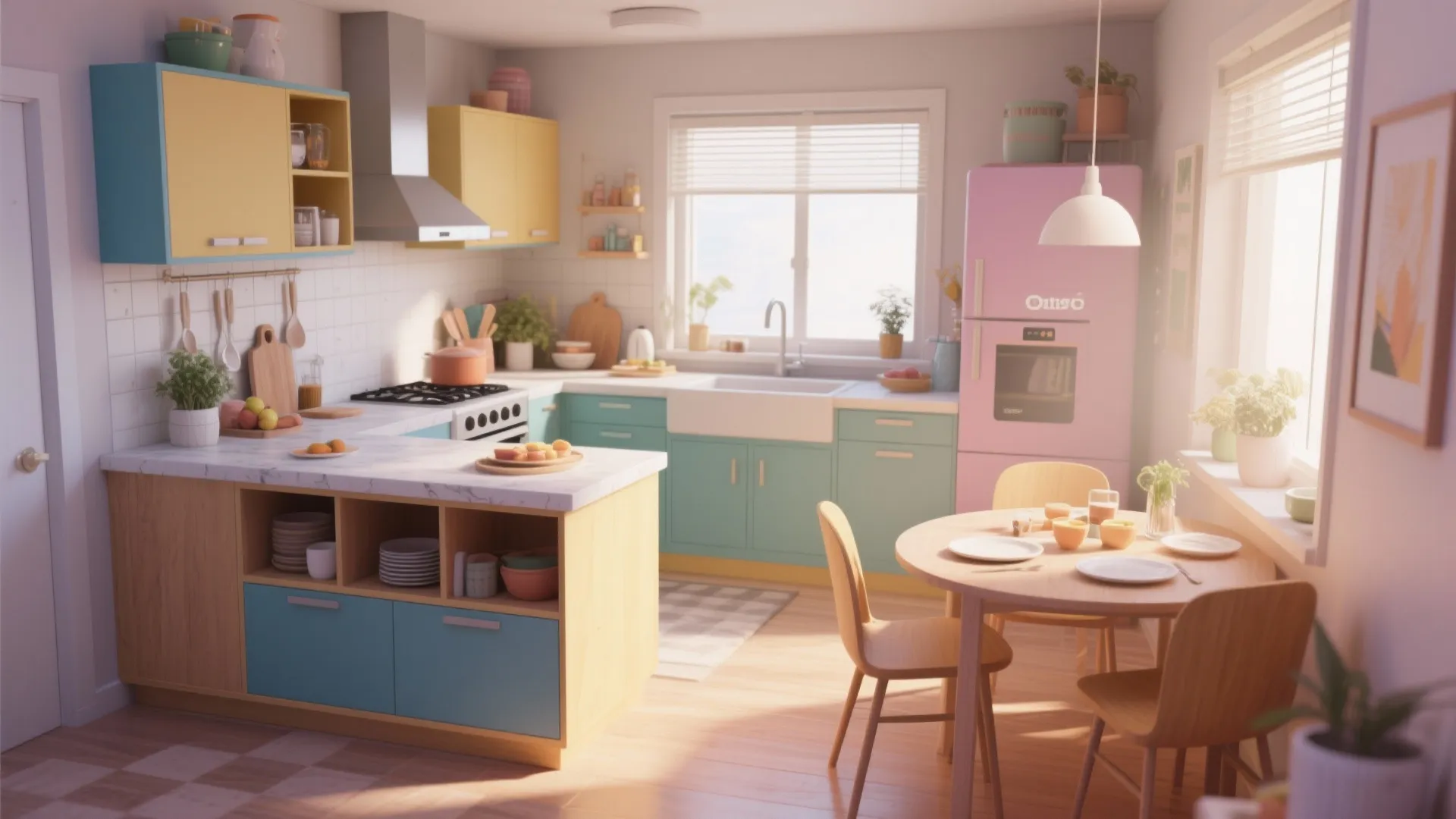 Small kitchen with island doubling as dining and storage