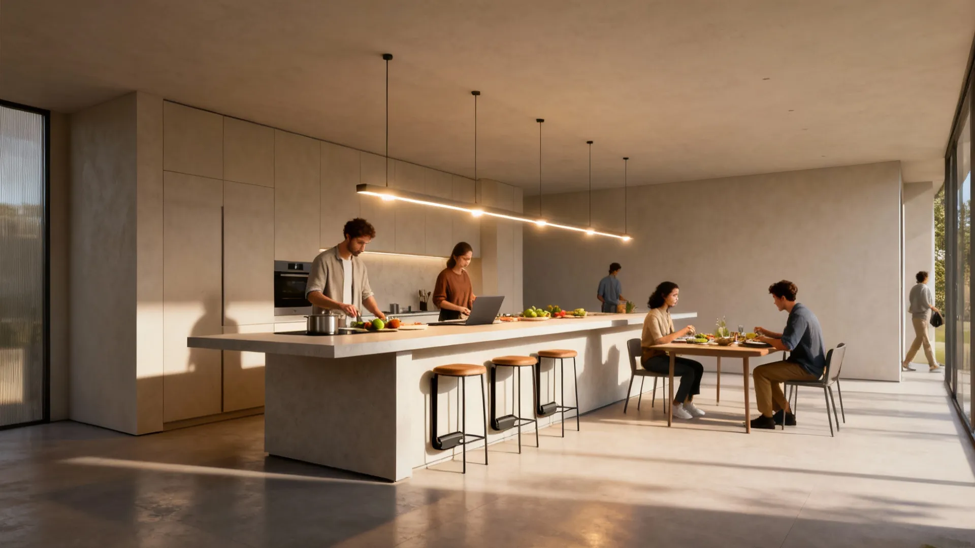 Slim kitchen island with overhang and tucked stools functioning as prep, dining, and workspace in a compact open-plan layout.