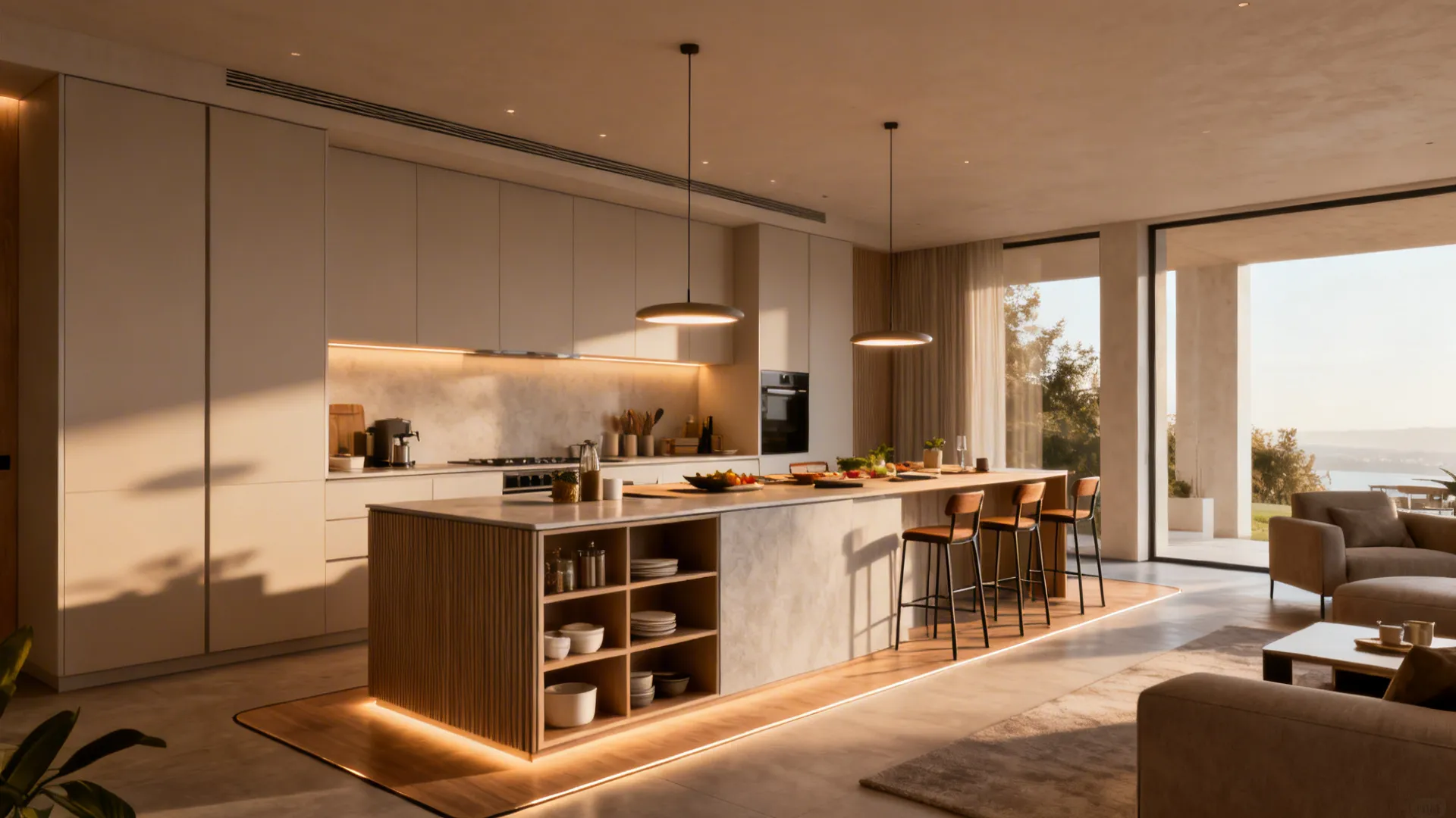 Slim multi-purpose kitchen island with seating and ample circulation, integrated storage visible.