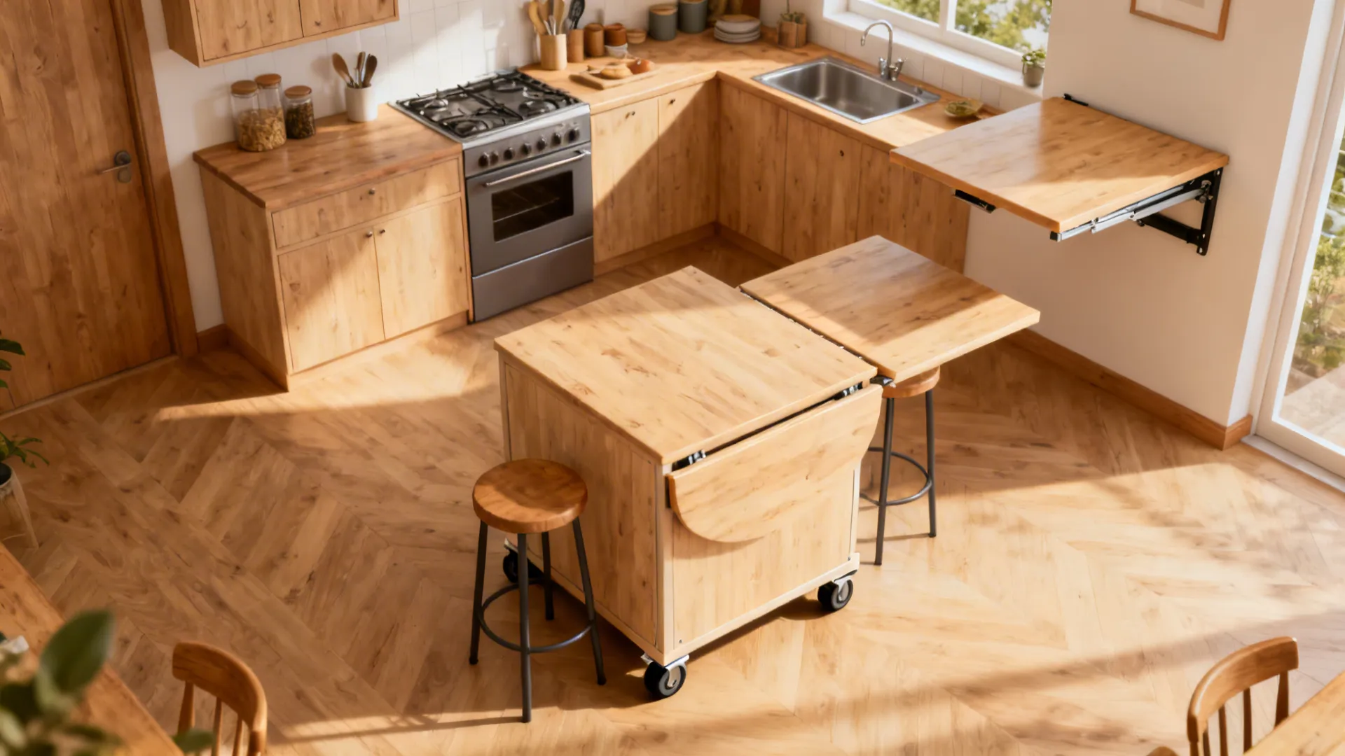 Top-down view of a small kitchen with a mobile island and a folded-down wall counter showing flexible layout