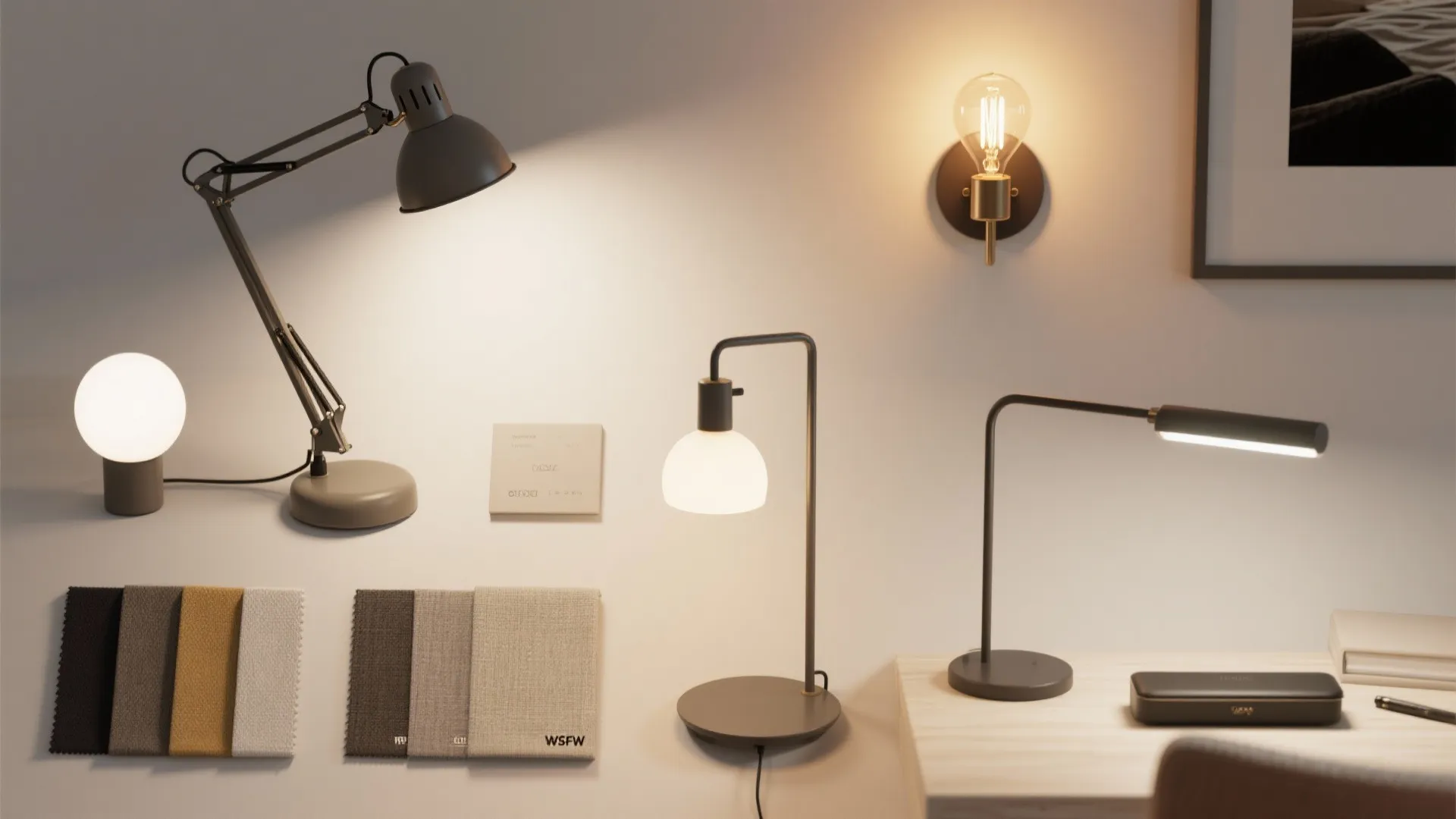 Flat lay of lamps and lighting for home office with sleeper