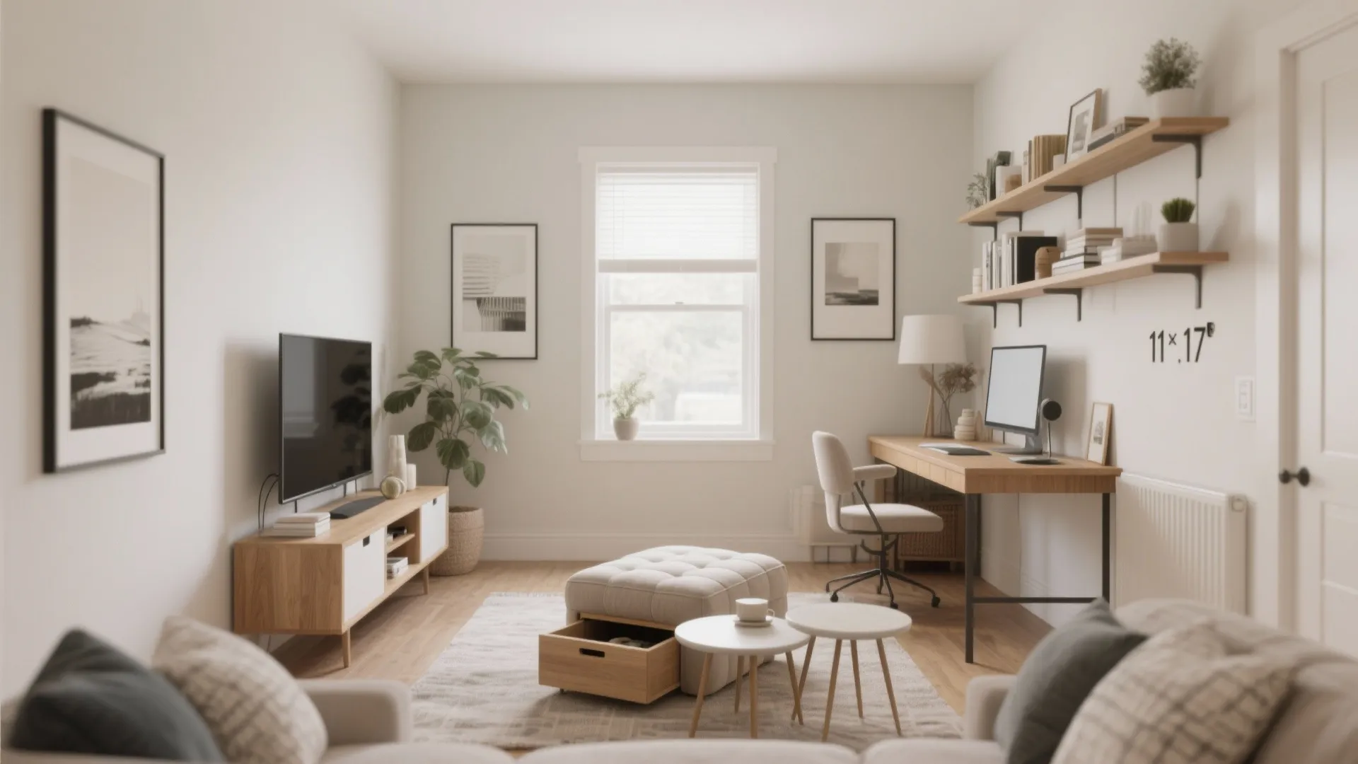 Small living room with ottoman storage, nesting tables, and media console desk