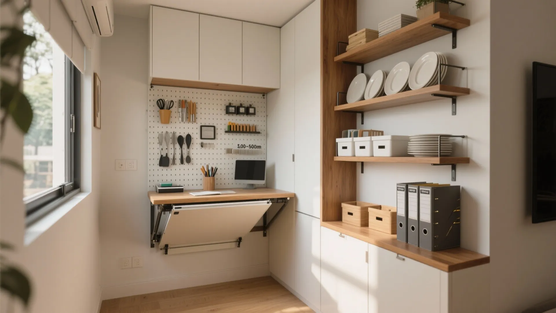 Multi-purpose nooks: dining, work, and storage in one