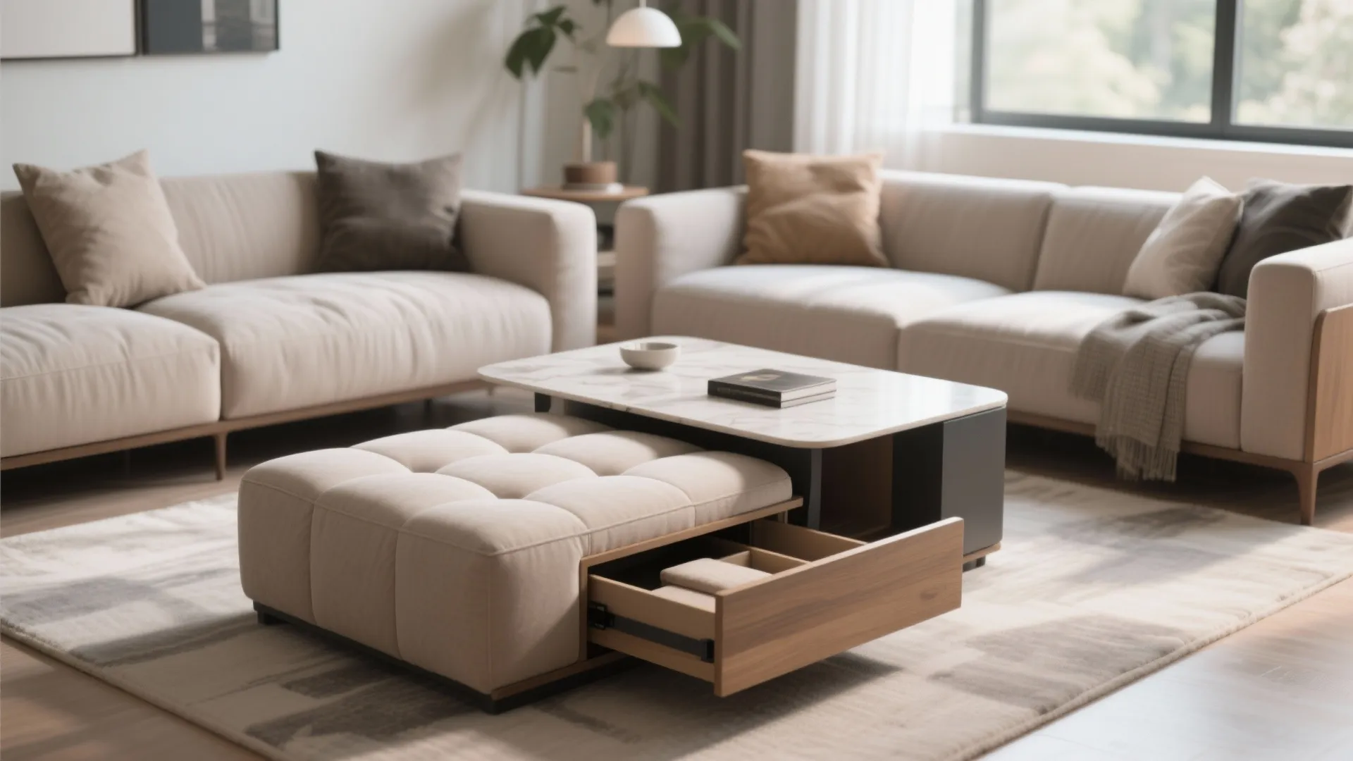 Modern living room featuring a footrest with an open storage drawer next to coffee table